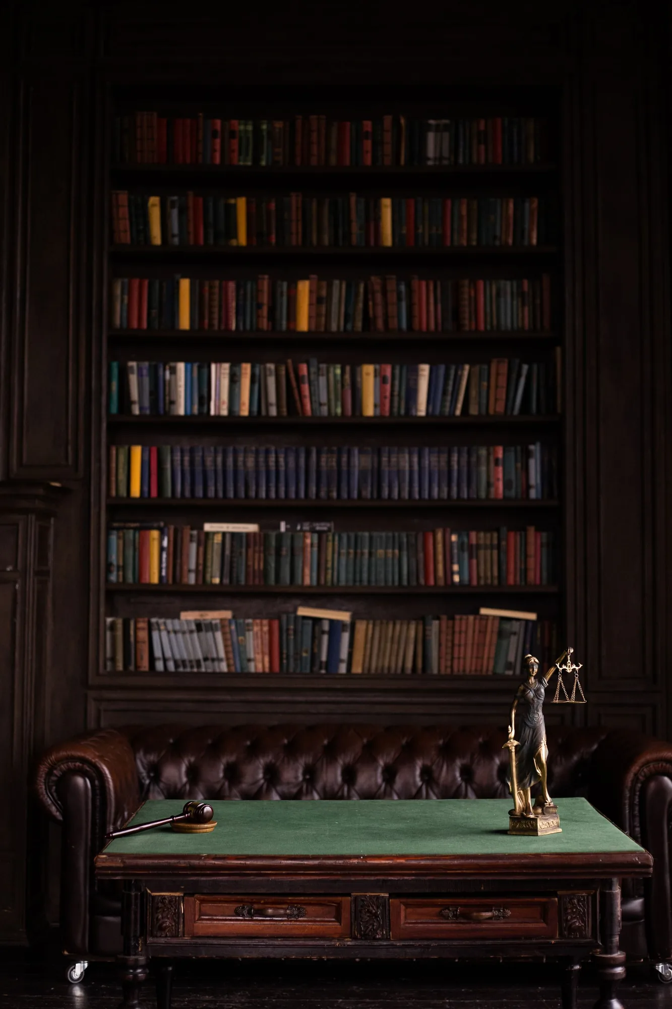 Una biblioteca jurídica con tomos encuadernados y una figura de la Dama de la Justicia